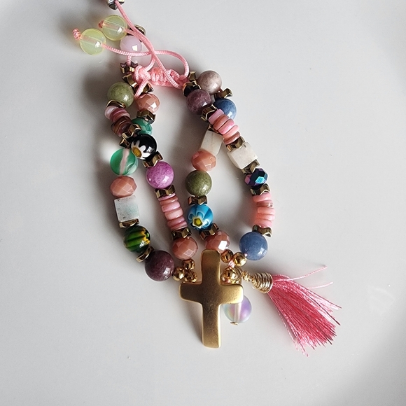 Vibrant Gold Cross Bracelet with Multicolor Beads - Picture 2 of 7